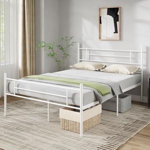 Novilla 30,5 cm metalen eenpersoonsbedframe met hoofdeinde en treeplank, stalen lattenondersteuning, matrasstichting, antislip ontwerp, eenvoudige montage, opbergruimte onder bed 90 x 190 cm, wit