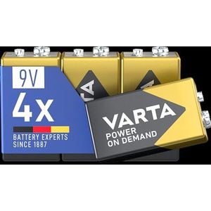 VARTA Batterijen Blokbatterijen 9V, verpakking van 4, Power on Demand, Alkaline, opbergpakket, flexibel, krachtig, geschikt voor rookmelders, brandmelders [Exclusief bij Amazon]