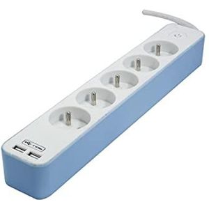 Multistekkerdoos, 5 x 16 A + USB – 1,5 m – wit/blauw