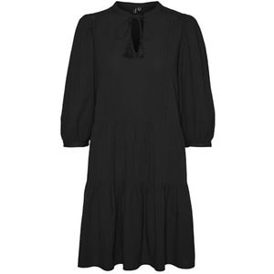 VERO MODA women short dress with drawstring midi 3/4 sleeves summer dress tunic, Colour:Black, Size:S
