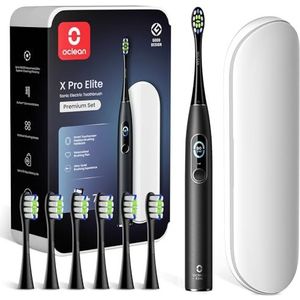 Oclean X Series Pro Elite Premium Set, Ultra-Quiet Powerful Sonic Electric Toothbrush Adults w Smart Screen, Wireless Charge for 35 Days, 4 Modes, 6 Replacement Heads & Travel Case - Black