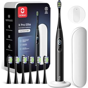 Oclean X Series Pro Elite Premium Set, Ultra-Quiet Powerful Sonic Electric Toothbrush Adults w Smart Screen, Wireless Charge for 35 Days, 4 Modes, 6 Replacement Heads & Travel Case - Black