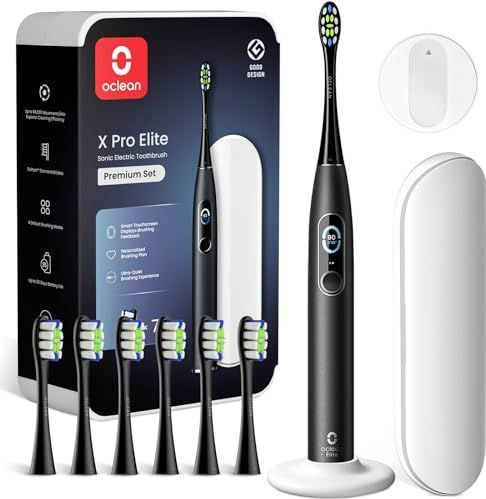 Oclean X Series Pro Elite Premium Set, Ultra-Quiet Powerful Sonic Electric Toothbrush Adults w Smart Screen, Wireless Charge for 35 Days, 4 Modes, 6 Replacement Heads & Travel Case - Black