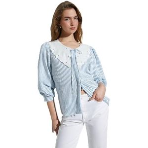 Koton Dames Tie Detail Peter Pan Collar Shirt, Blue Stripe (6s1), 34