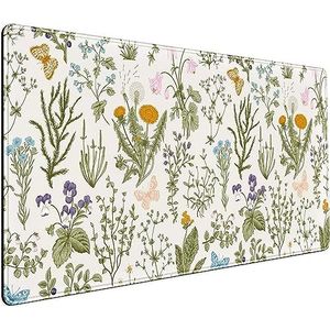 Schattige Bloemen-Bureaumat - Geperste Gedroogde Bloemen Muismat, Neutrale Beige en Salie-Groene XXL Grote Verlengde Gaming Mat, 80x40 cm, voor Laptop, Toetsenbord en Muis - Vrouwen, Kantoor