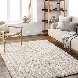 Surya Cordoba Shaggy Berber tapijt, pluizig tapijt voor woonkamer, eetkamer, slaapkamer, abstract langpolig, hoogpolig, wit, pluizig en onderhoudsvriendelijk, groot tapijt, 200 x 274 cm, wit