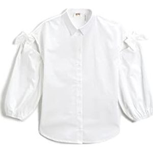 Koton Katoenen shirt voor meisjes, strik- en uitgesneden details, lange pofmouwen, gebroken wit (001), 6-7 Jaar