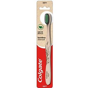 Colgate Bamboe Houtskool Zachte Borstelharen Handtandenborstel 1 Stuk - Handtandenborstel met actieve kool Slim Tip Borstelharen, 100% Natuurlijke Biologisch Afbreekbare Bamboe handvat