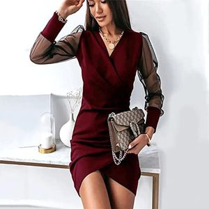 Clotth Damesjurk met lange mouwen, slanke, sexy mesh-jurk met V-hals, Wine Red-XL, XL