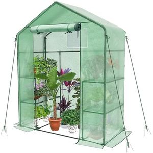 VOUNOT Broeikas voor de tuin, 143 x 73 x 195 cm, kwekerijen, met oprolbare deur en raam, broeikas, tuinhuis, 4 planken voor planten, bloempotten, groen