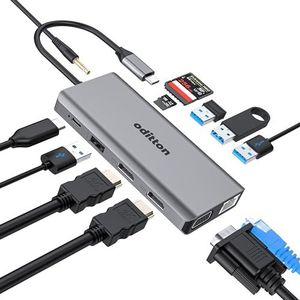 oditton 12-in-1 USB C-hub, USB C hub-adapter met 4K HDMI x 2, 2 x USB 3.0, Gigabit Ethernet-poort, 2 x USB 2.0, 100W PD, VGA, SD/TF kaartlezer, 3,5 mm audio jack USB C dock compatibel met laptop