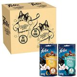Felix Party Mix Original / Seaside Kattensnacks met Kip-, Lever-, Kalkoen, Zalm-, Koolvis- & Forelsmaak, 60g - doos van 16 (960g)