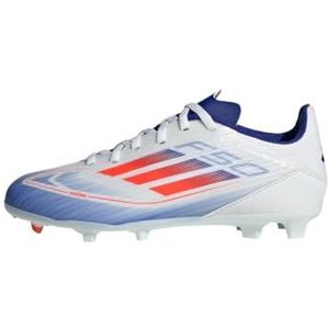 adidas F50 League voetbalschoenen voor kinderen, uniseks, stevige grondschoenen, Ftwr White Solar Rood Lucide Blauw, 38 2/3 EU