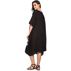 Damesjurk, 100% linnen, gemaakt in Italië, lange jurk met ronde hals, gevouwen aan de voorkant, korte mouwen, zwart, maat: M, Zwart, M
