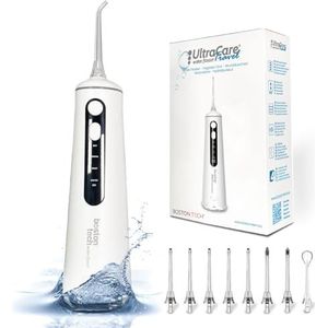 Aquapik® Travel Monddouche UltraCare draagbare tandplakverwijderaar, aanbevolen door tandartsen, verzorgt implantaten en orthodontica, 8 sproeiers + 4 gebruiksmodi + tank 300 ml (wit)