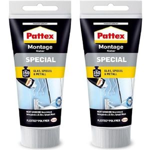 Pattex Montagelijm Speciaal 2 x 80 g tube, glas-, spiegel- en metaallijm voor binnen en buiten, voor niet-absorberende materialen, transparant