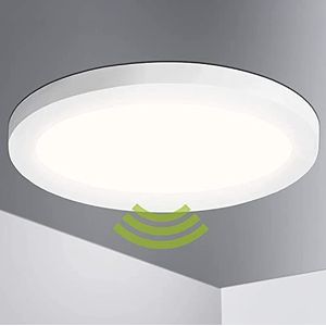 Lumare LED Plafondlamp | 225mm Rond Wit Extra Plat met Bewegingsmelder 19mm | 230V, 18W, IP44 Spatwaterdicht, Super Heldere 1400 Lumen Kelderlamp | Warm Wit 3000K