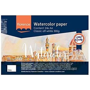 Vaessen Creative Florence Aquarelpapier Pad A6, gebroken wit, 300 GSM, textuur oppervlak, kunstenaarskwaliteit, schetsboek met 24 vellen voor schilder-, handbelettering en kunstprojecten