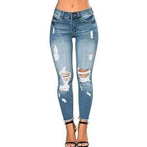 CME SHOWU Vrouwen Skinny Ripped Jeans Stretch Distressed Destroyed Denim Broek, Lichtblauw, L