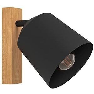 EGLO Wandlamp Cotorro, muurlamp met zwenkbare spot, lamp wand binnen van zwart metaal en natuurlijk hout, FSC100HB, wandverlichting voor woonkamer en hal, wandspot met E27 fitting