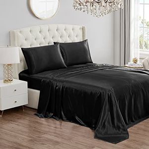 Juicy Couture Queensize satijnen lakenset, diepe zak, zijdeachtig satijnen queensize lakenset met 1 hoeslaken, 1 plat laken en 2 kussenslopen, kreukbestendig en pluist niet - zwart