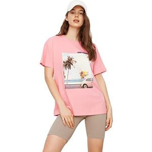 Trendyol Dames roze print en geborduurde vriend gebreid T-shirt, roze, medium