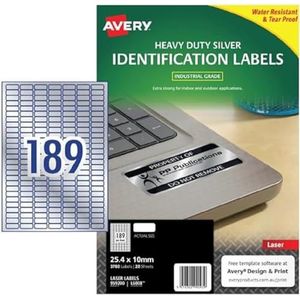 Avery L6008-20 etiketten van polyester, zilver, 189 stuks per vel, 20 vellen, 25,4 x 10 cm, zilver