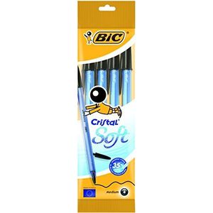 BIC Cristal Soft Balpennen Medium Punt (1,2 mm) - Zwart, Pak van 4 Stuks