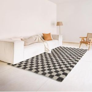 BALTA Shaggy Schaakbordpatroon, rechthoekig tapijt voor de woonkamer - slaapkamer, zacht en comfortabel, onderhoudsvriendelijk, poolhoogte 30 mm, polypropyleen, 160 x 230 cm, zwart