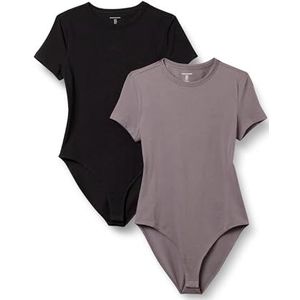 Amazon Essentials Slim-fit T-shirtbody voor dames, stretch, katoen, jersey, 2 stuks, zwart/grijs, XS