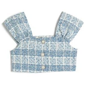 Koton Meisjes's Crop Tweed Mouwloze Pearl Button Detail Blouse, Blue Check (6c4), 9-10 Jaar