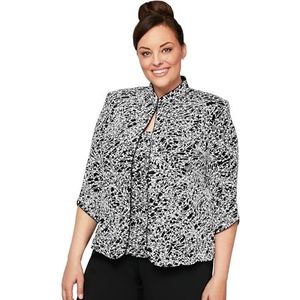 Alex Evenings Women's 3/4 Sleeve Printed Twinset with Scoop Neckline Cami and Hook Neck Closure Jacket (Plus Size), Black/White, 2X