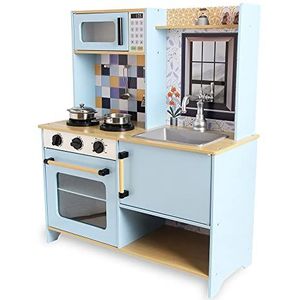 DEQUBE 913D00013 Houten keuken met 2 modules, modern design, speelgoedkeuken met lichten en geluiden, inclusief metalen accessoires, afmetingen 72 x 30 x 85 cm, blauw