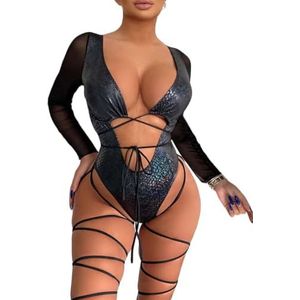 Womens Rave Wear One Piece Bodysuit Snakeskin Print Sexy Mentalic Halter Swimsuit for Festival Dance Rave Clothing