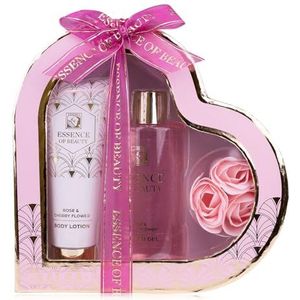 Accentra Badset SALSA ESSENCE OF BEAUTY voor vrouwen, lotion, douchegel, badrozen, roos- en kersenbloesemgeur, hartvormige verpakking, luxe voor vrouwen