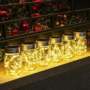 Solpex Lantaarn op zonne-energie voor buiten, 6 stuks, zonneglas met lichtketting, 180 leds, hangende lantaarn, inmaakglas, led-glas, IP44 waterdicht, tuinverlichting voor tuin, terras, balkon,