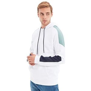 Trendyol Heren White Regular Fit Long Sleeve Panel Hooded Sweatshirt, M