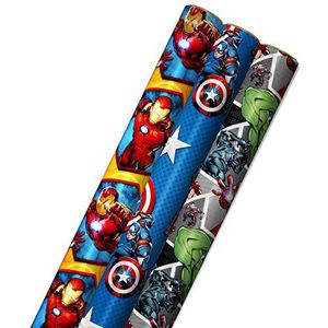 Hallmark Avengers Inpakpapier met gesneden lijnen op de achterkant (3-Pack: 60 sq. ft. ttl) met Captain America, Iron Man, Black Widow, Thor en Hulk voor verjaardagen, Kerstmis, Vaderdag en meer