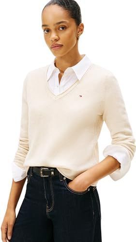 Tommy Hilfiger - SOFT WOOL V-NK SWEATER - Heather Oatmilk - Gebreide Trui