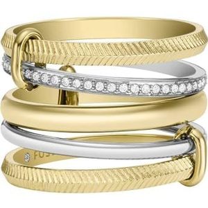 Fossil damesring Harlow, tweekleurig of goudkleurig roestvrij staal Prestack, 2 tinten zilver en goud, 7