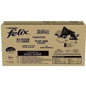 Purina Felix Le Gottonerie Natvoer voor katten met tonijn, zalm, kabeljauw, zwarte doorn, 80 zakjes à 85 g