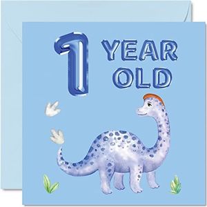 1e verjaardagskaart - dinosaurus & ballonnen - Happy Birthday Card 1 jaar oude jongen, jongens verjaardagskaarten voor hem, 145 mm x 145 mm wenskaart voor zoon neef kleinzoon kind kinderen