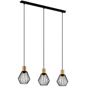 EGLO Palmorla Hanglamp met 3 lichtpunten, vintage, industrieel, retro, hanglamp van staal en hout in zwart, naturel, voor eettafel en woonkamer, met E