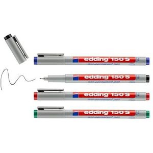 edding 150 S non-permanent pen -set van 4-zwart,rood,blauw,groen-ronde punt 0,3 mm - stift voor het beschrijven van glas, kunststof, folie en gladde oppervlakken - sneldrogend, met water corrigeerbaar