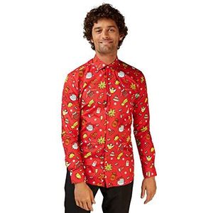 OppoSuits Heren Kerstmis getailleerd Button-Up Shirt met lange mouwen, Kerst Doodle Rood, XS