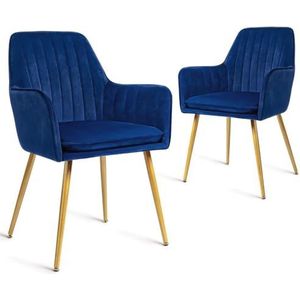 CangLong Set van 2 stijlvolle accenten fauteuil voor woonkamer, eetkamer, fluwelen gestoffeerde keukenstoelen met gouden metalen poten, marineblauw, schuim