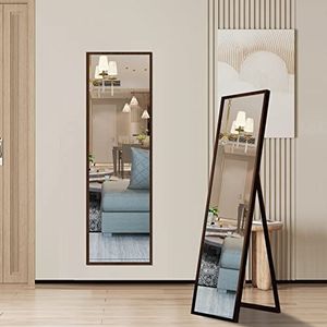 GONICVIN Spiegels over volledige lengte, staande spiegel met bruin frame voor opknoping en staande vloer, grote spiegel voor slaapkamer badkamer woonkamer (40x150cm, rechthoek)