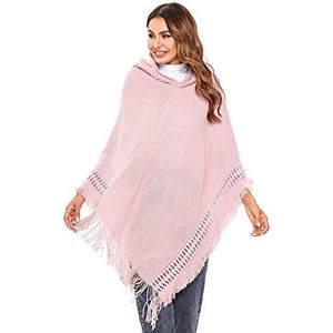 Irevial Poncho met capuchon voor dames, met gehaakte rand, voor dames, van gebreid materiaal met sierfranjes, winterdeken, omkeerbaar, dikke cardigan, Rubber roze, One Size Grote Maten