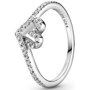 Pandora Sparkling Heart & Wishbone wishbone-ring van sterlingzilver met heldere zirkoniasteentjes, 56
