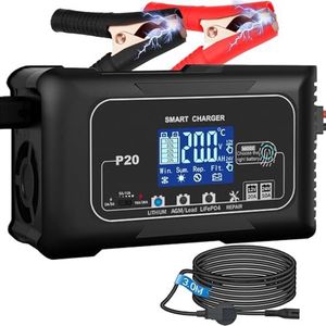HTRC 20A auto-acculader 12V/24V, batterijhouder, druppellader en batterijdesulfator met LCD-scherm voor boot, SUV, motorfiets/LITHIUM, LiFePO4 en lood-zuur (AGM, GEL, MF, EFB, SLA, WET)